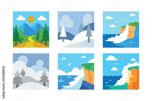 Colorful Landscape Icons Displaying Nature Scenes of Mountains, Snow, and Ocean Cliffs with Waterfalls in a Playful Style