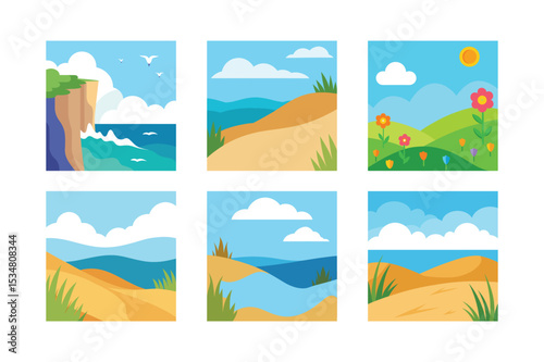 Collection of Whimsical Landscape Illustrations Featuring Coastal Cliffs, Sandy Dunes, and Floral Meadow Scenes in a Flat Design Style