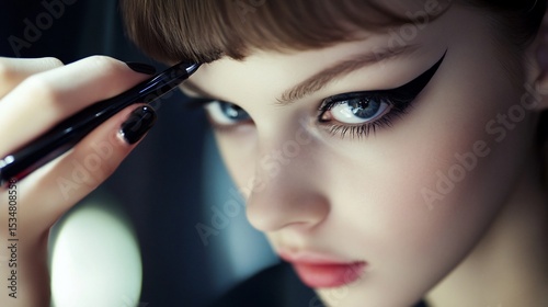 Close-up Portrait of a Woman Applying Eyeliner for Perfect Makeup