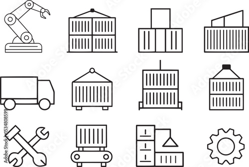 Industrial Line Icon Set Manufacturing, Logistics, and Factory Vector Collection, Manufacturing Line Icon Set, Clean Line Icons for Industry Use, Clean Line Icons