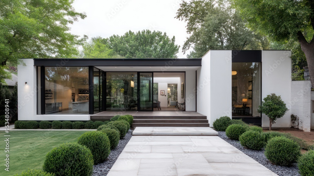 Obraz premium A minimalist abode featuring clean lines with white plaster walls black steel framing Large, clear windows offer an