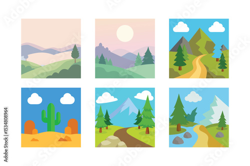 Collection of Cartoon Nature Scenes Depicting Mountains Deserts and Forests with Stylized Trees Cacti and Geological Features