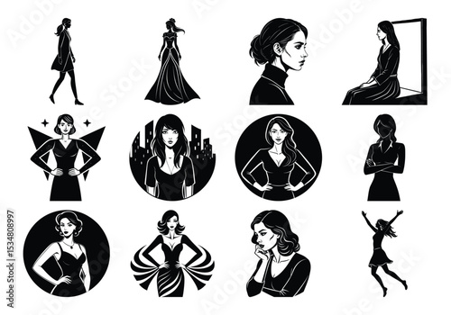 set of fashion girls vector , Multiple images of a woman with her arms crossed , set of woman silhouette design isolated vector .