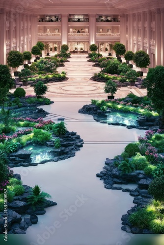 Grand hall with landscaped waterways