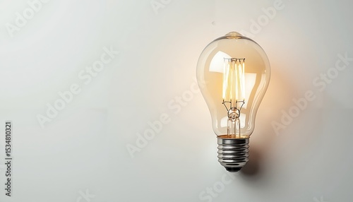Transparent light bulb with visible glowing filament on white background  