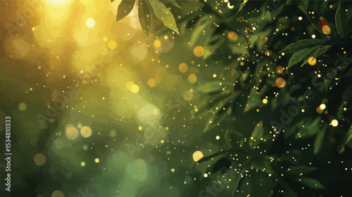 Green leaves of a tree, with light particles flowing and bokeh effect
