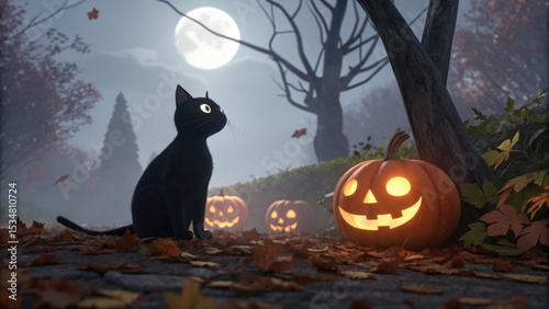 Cute 3D cartoon black cat beside glowing pumpkins on autumn leaves, spooky garden at night with full moon, fog, and cinematic Halloween ambiance
