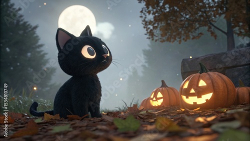 Cute 3D cartoon black cat beside glowing pumpkins on autumn leaves, spooky garden at night with full moon, fog, and cinematic Halloween ambiance