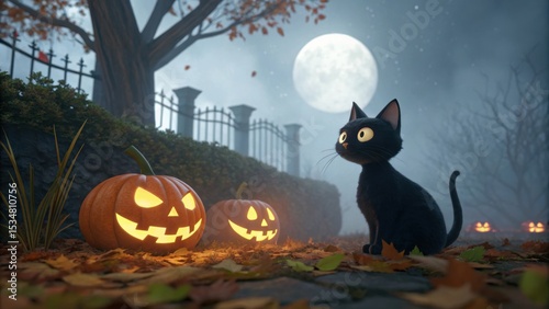 Cute 3D cartoon black cat beside glowing pumpkins on autumn leaves, spooky garden at night with full moon, fog, and cinematic Halloween ambiance