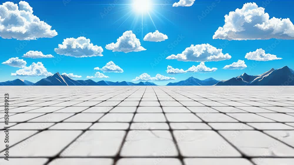 Expansive White Tiled Ground Receding to Distant Blue Mountains Under a Vibrant Blue Sky
