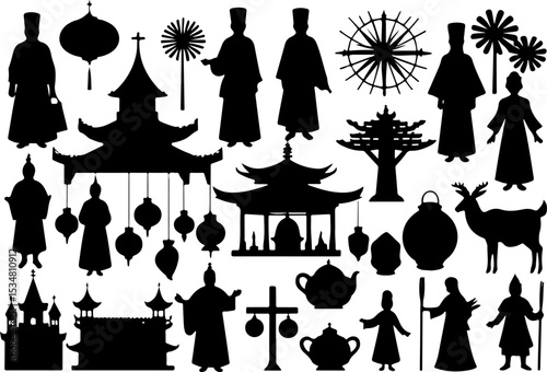 A collection of silhouette vectors, including pagodas, figures in traditional clothing, and animals