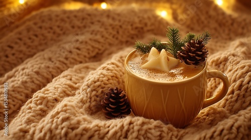 Cozy Winter Drink with Star Marshmallow on a Knitted Blanket Backdrop