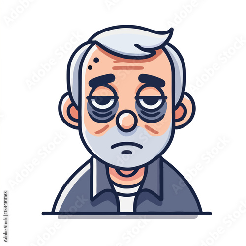 Tired Elderly Man Portrait with Dark Circles Under Eyes Cartoon Illustration