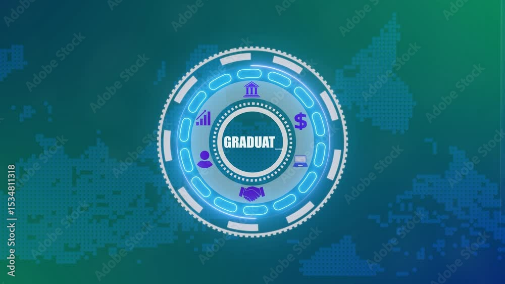 A graduate concept button on a futuristic. high performance. network icon. monitoring and evaluation. advanced HUD circle platform glowing digital luxurious wave particles flows background.