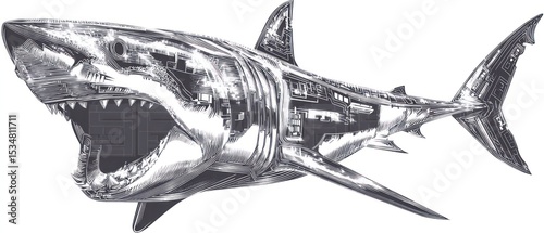 Graphic of a great white shark with intricate details