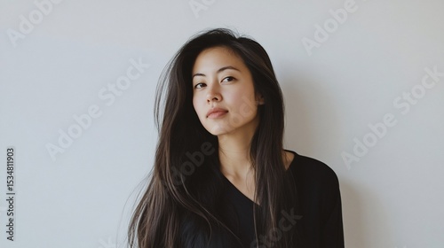 Portrait of a serene asian woman with long dark hair against white background