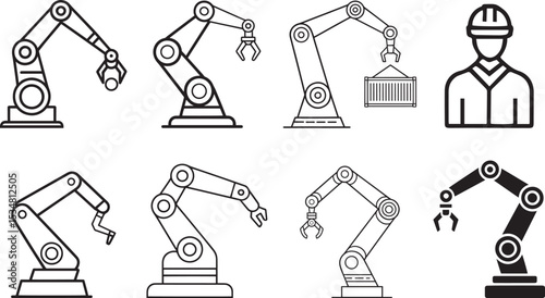 Industrial Robotic Arm Icons Set – Automation, Engineering, and Factory Technology Symbol Pack