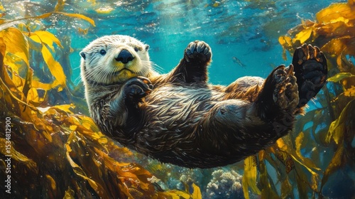 Sea otter floating in kelp forest, underwater view.