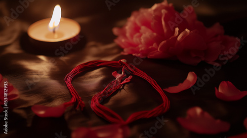 Two red silk threads with magpie motifs, peony petals on dark velvet; love and tradition in Qixi Festival's dreamy glow.