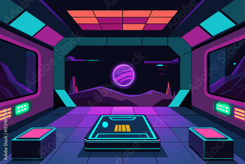 Futuristic Space Station Gaming Room Neon Lights and Stellar Views Vector Illustration