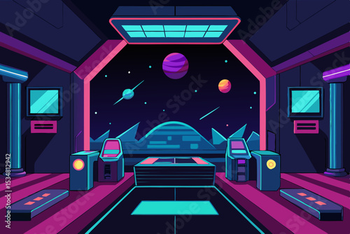 Futuristic Space Station Gaming Room Neon Lights and Stellar Views Vector Illustration