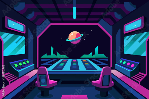 Futuristic Space Station Gaming Room Neon Lights and Stellar Views Vector Illustration