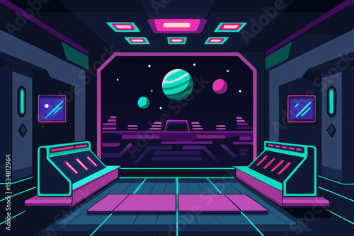 Futuristic Space Station Gaming Room Neon Lights and Stellar Views Vector Illustration