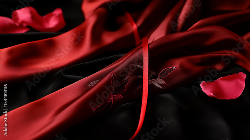 Two red silk threads with magpie motifs, peony petals on dark velvet; love and tradition in Qixi Festival's dreamy glow.