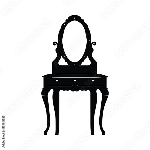 Antique wood piano and old musical gramophone on a vintage office desk with a classic chair, isolated on white dressing table silhouette icon