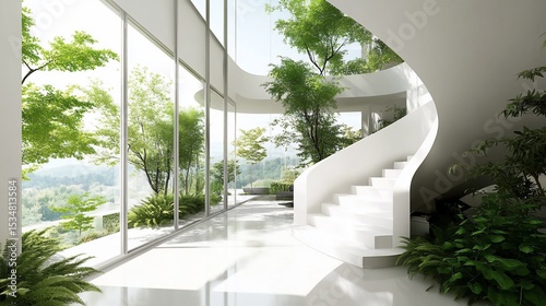 Elegant Minimalist Interior with Natural Light and Lush Greenery Integration