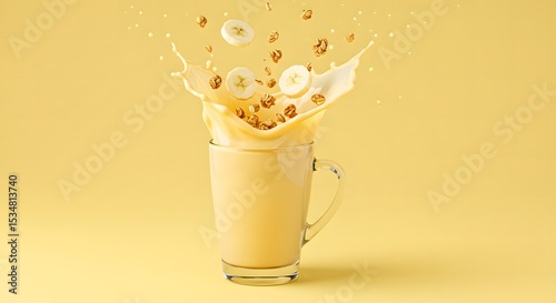 Banana shake splash bursting from a cup, with banana slices and granola bits flying, clean pastel yellow background