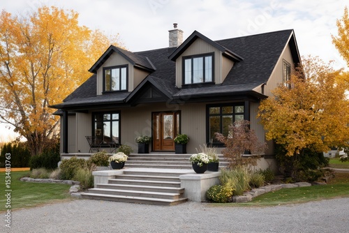 A modernized heritage-style home in taupe with black accents On crisp fall morning, frost-tipped grass golden trees complement