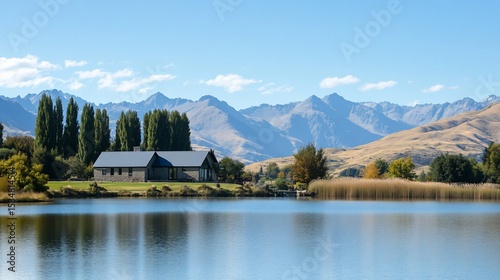 Picturesque lakeside house mirroring stunning mountain landscape in calm water