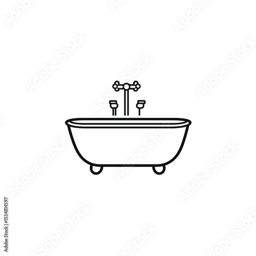 Clawfoot Bathtub Outline with Faucet, Drain, and Rounded Style on White Background