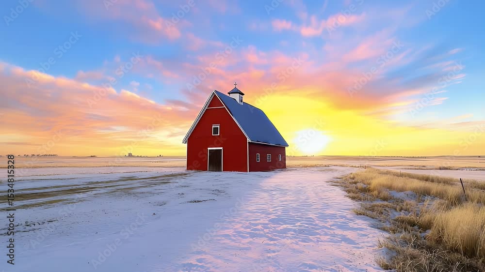 Red Barn in Snowy Field at Sunset