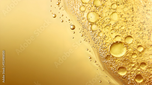 Golden liquid serum with shimmering bubbles creates an elegant and luxurious background, perfect for cosmetic product display