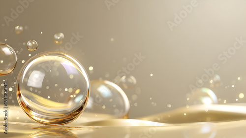 Golden liquid serum with shimmering bubbles creates an elegant and luxurious background, perfect for cosmetic product display