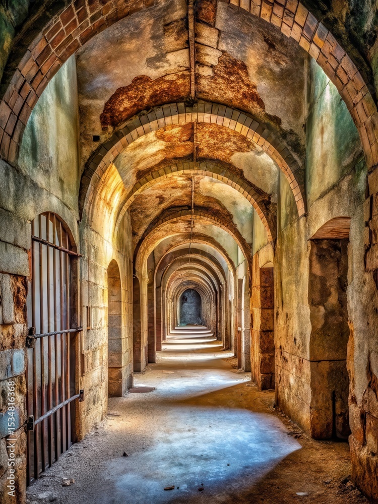 Fototapeta premium Arched passage with rusty metal cells and ancient stone walls