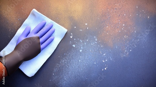Hand in purple gloves cleaning a surface