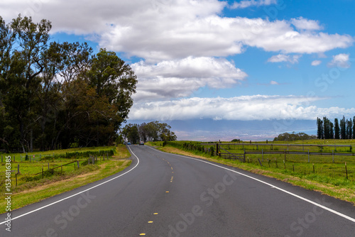 Scenic road winds through lush greenery under a partly cloudy sky.