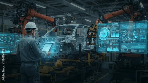 Automated car manufacturing.  A worker uses a tablet to monitor robotic assembly