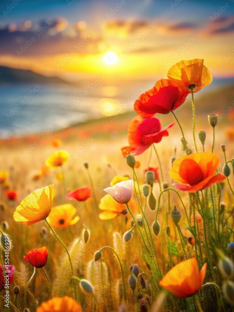 Fototapeta premium Colorful poppies swaying gently in the breeze amidst a sea of golden hues and soft grasses