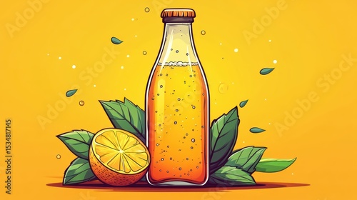 Refreshing citrus beverage in a glass bottle on a bright orange background