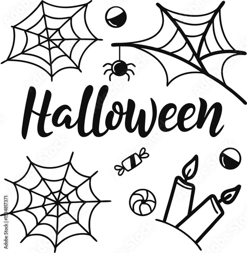 Spooky Halloween Spiderwebs, Candles, and Candy Festive Black and White Illustration