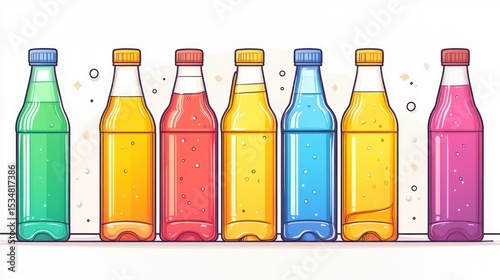 Array of vibrant cartoon beverage bottles in cheerful colors, row arrangement