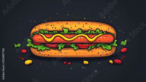 Stylized hot dog illustration on dark background with condiment accents