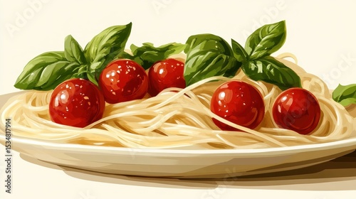 Delicious spaghetti dish adorned with vibrant tomatoes and fresh basil garnish