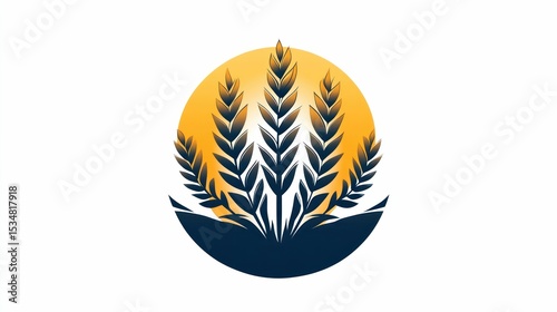 Stylized wheat stalks illustration against a golden sun and fertile soil