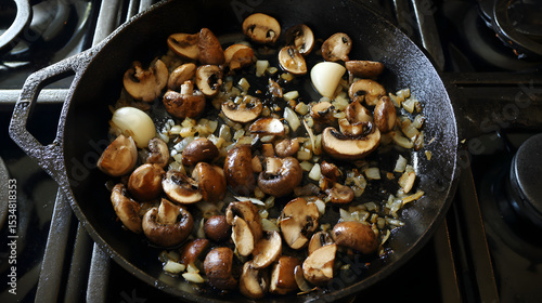 Sautéing Mushrooms with Shallots and Garlic in a Cast Iron Skillet on a Stovetop for a Flavorful Dish