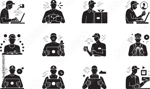 Diverse Professional Icons Depicting Modern Job Roles, a collection of black silhouette icons, representing various modern job roles vector art on white
